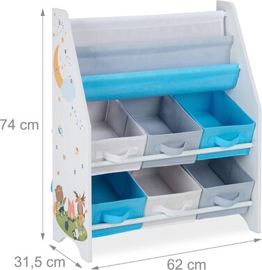 Relaxdays Kinderregal, Tiere Motiv, 6 Boxen, 2 Fächer, Kinderzimmer, Spielzeug Aufbewahrung HBT 74 x 62 x 31,5 cm, bunt, Holzwerkstoff, Lagerfeuer, 1 Stück