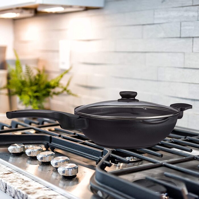 Relaxdays pfanne mit Glasdeckel 30 cm,  mit Antihaftbeschichtung für Gas-, Elektroherd, Griff, 4 Liter, schwarz (Wok Induktion)