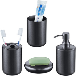 Relaxdays Badezimmer Set, 4-teilig, Seifenspender, Seifenschale, Zahnputzbecher, Zahnbürstenhalter, Edelstahl, anthrazit 1003