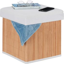Relaxdays Sitzhocker mit Stauraum, faltbar, 35x35x35 cm, Bambus, natur/weiß