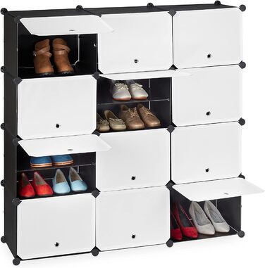 Relaxdays Schuhschrank, 24 Fächer, modular, Kunststoff & Metall, 125x125x32 cm, schwarz-weiß