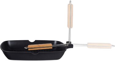 Relaxdays Grillpfanne, abnehmbarer Holzgriff, antihaftbeschichtet, BBQ Bratpfanne mit Rillen, Aluminium, schwarz, 5.5 x 51 x