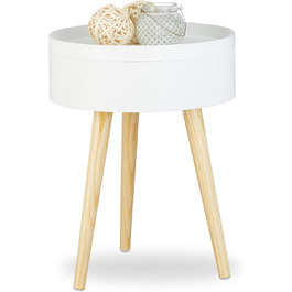 Relaxdays Beistelltisch rund skandinavisches Design, 70er, Nachttisch mit Tablett, Staufach, HxBxT: 50x38x38 cm, weiß Single