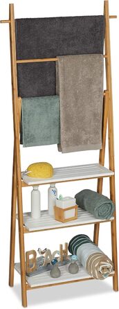 Relaxdays Handtuchhalter Regal, Badständer mit Regalablagen & Handtuchstangen, 150x50x30cm, Bambus/MDF