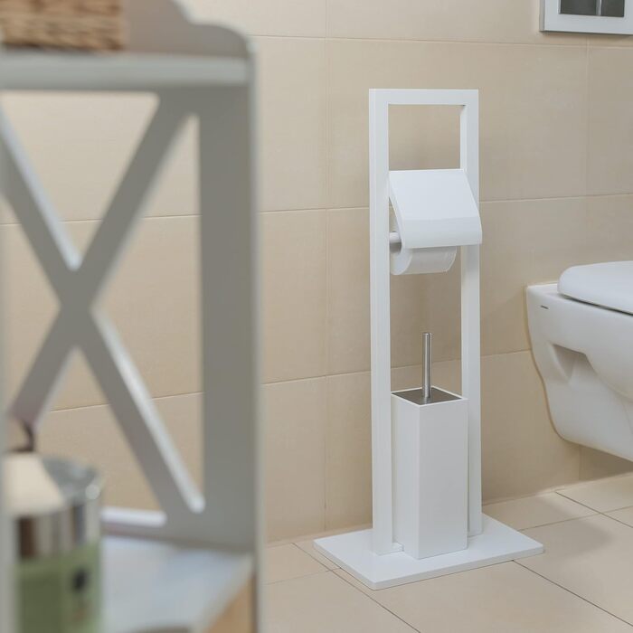 Relaxdays, Klobürste, Klopapierhalter, Toilettenbürste, Toilettenpapierhalter, Bambus, HBT 82x36x21 cm, weiß WC Garnitur, Edelstahl, Kunststoff, 36 x 21 x 82 cm