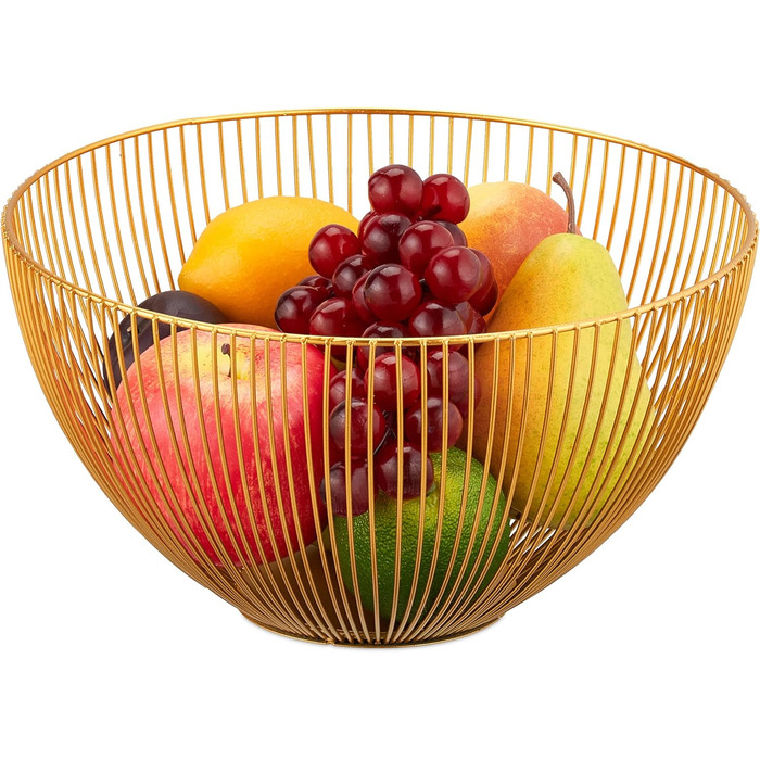 Relaxdays Obstschale Metall, runder Obstkorb, 14x25 cm, Drahtkorb, für Früchte, Gemüse & Brot, modern, Gold