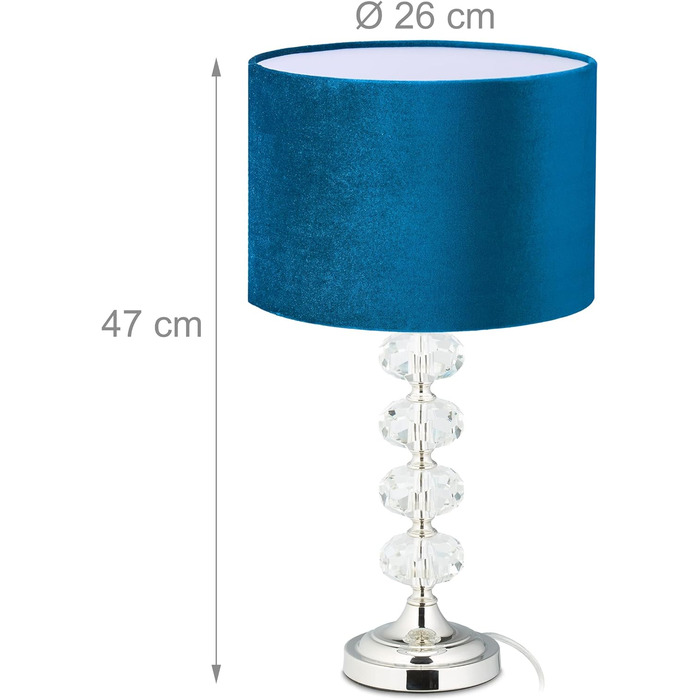 Relaxdays Tischlampe, Samt und Kristall, HxD: 47 x 26 cm, E14-Fassung, Nachttischlampe, indirekte Beleuchtung, blau