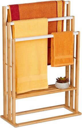 Relaxdays Handtuchständer, Bambus, 3 Stangen & Ablage, 82x55x24 cm, freistehend, Natur/weiß
