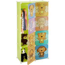 Relaxdays Kinderregal mit Tiermotiv, Kunststoff Steckregal m. Türen, Kinderzimmer Kleiderschrank m. Kleiderstange, bunt, 37 x 74 x 145 cm