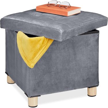 Relaxdays Samthocker mit Stauraum, Tablett, Holzbeine, eckig, HBT: 35x38x38 cm, Holz (Hellgrau)