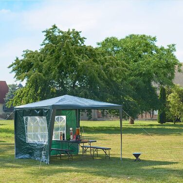 Relaxdays Pavillon 3x3 m, 2 Seitenteile, Metall Gestell, PE Plane, Fenster, Festival Partyzelt, Geschlossen, (Grün)