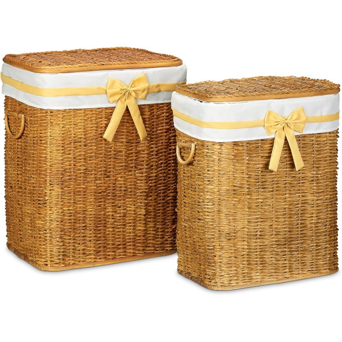 Relaxdays 2er Set geflochtene Buri Wäschetruhe, stapelbar, mit herausnehmbarem Wäschesack, 67 L, Honigbraun