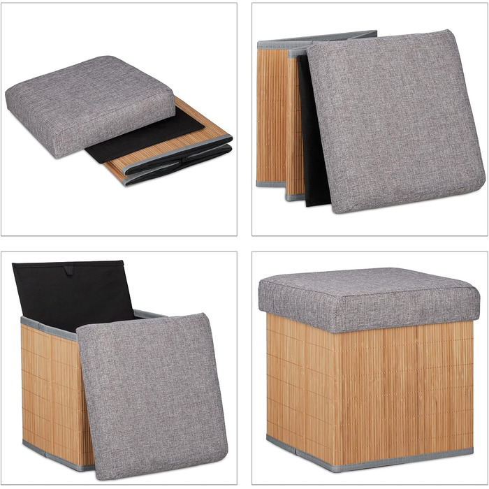 Relaxdays faltbarer Sitzhocker mit Stauraum, gepolstert, Bambus, 36x35x35 cm, Natur/Grau