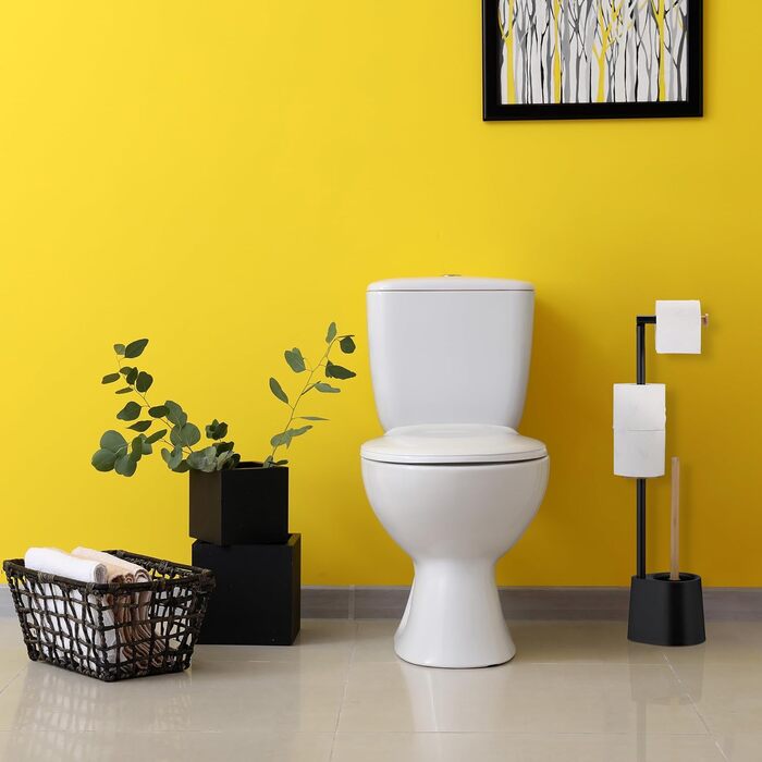 Relaxdays WC Garnitur, Bambus, Edelstahl, freistehender Klopapierhalter, Toilettenbürste, schwarz