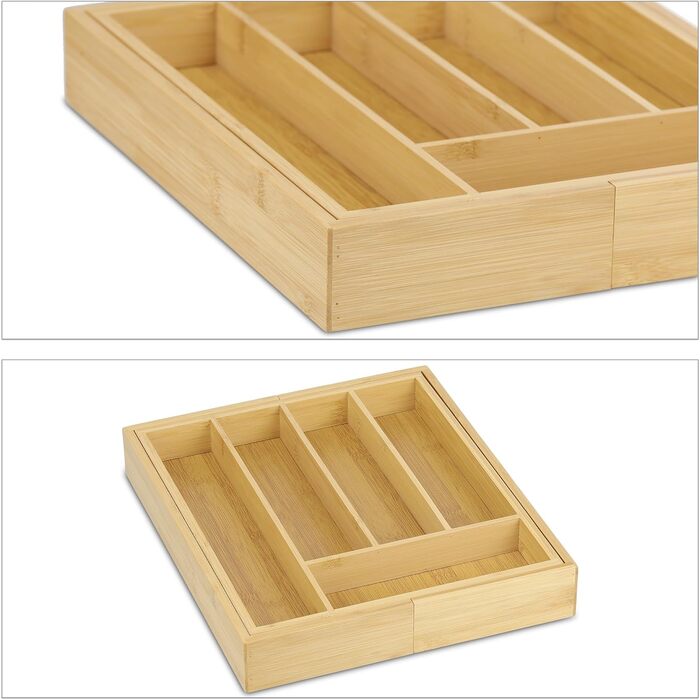 Relaxdays Besteckkasten, ausziehbar, 5-7 Fächer, Bambus & MDF, Besteck Organizer
