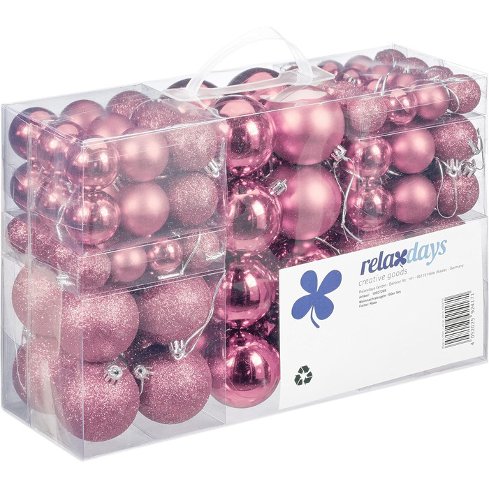Relaxdays Weihnachtskugeln 100er Set, Deko matt/glänzend/glitzernd, ∅ 3/4/6 cm, rosa