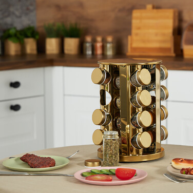 Relaxdays Goldenes Gewürzkarussell mit 16 Gläsern