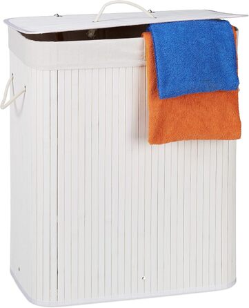 Relaxdays Wäschekorb Bambus, 2 Fächer, 95 l, faltbar, rechteckig, mit Deckel, Weiß