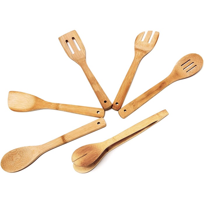 Relaxdays Küchenhelfer Set Bambus 7-tlg. 30cm lang, Kochlöffel, Holzlöffel, Pfannenwender (je 2), Salatzange, Gabel, Halter
