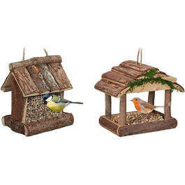 Relaxdays Vogelfutterhaus Holz, HBT: 17x15x12cm, mit Silo, Vogelfutterspender, Natur (Bundle)