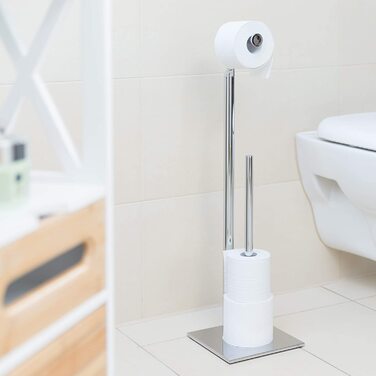 Relaxdays Toilettenpapierhalter stehend PAGNONI, Rollenhalter Toilettenpapier, 4 Ersatzrollen, HBT 71x20x20 cm, silber