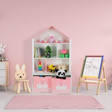 Relaxdays Kinderregal, Schwan, 5 Fächer, 2 Rollboxen, HBT: 128x75x34 cm, Hausform, Spielzeug Aufbewahrung, weiß/rosa