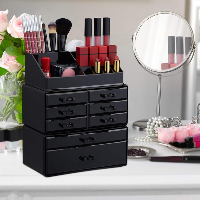 Relaxdays  x Make Up Organizer mit Schubladen, stapelbarer Schmuckkasten für Make Up, Acryl Schminkaufbewahrung,     Stück (1, Schwarz, 1 Stück)