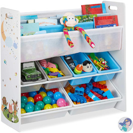 Relaxdays Kinderregal, 6 Boxen, 4 Stofffächer, Lagerfeuer Kindermotiv, Spielzeugregal HxBxT: 78 x 86 x 26,5 cm, bunt, 1 Stück