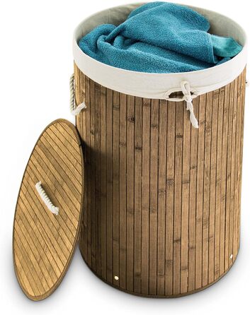 Relaxdays Wäschekorb Bambus, faltbar, Deckel, 70 l, Baumwoll-Wäschesack, rund Ø 41 cm, natur