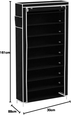 Relaxdays Schuhschrank Valentin, 161x88x30 cm, 10 Ablagen, Stoffbezug, staubfreie Lagerung, 45 Paar Schuhe, Schwarz