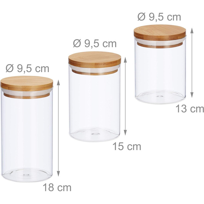 Relaxdays Glasdosen, 3er Set, 500-1000 ml, für Lebensmittel, D 9,5 cm, natur, 18x9.5x9.5 cm