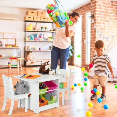 Relaxdays Kindersitzgruppe, Tisch mit 2 Stühlen, Stauraum, für Mädchen & Jungen, Kinderzimmer, weiß