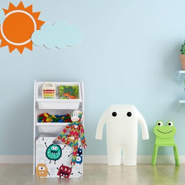 Relaxdays Kinderregal mit 3 Boxen, Monster-Motiv, Kiste mit Rollen, HBT: 80,5x42,5x30 cm, schmales Spielzeugregal, weiß, 10037514_0