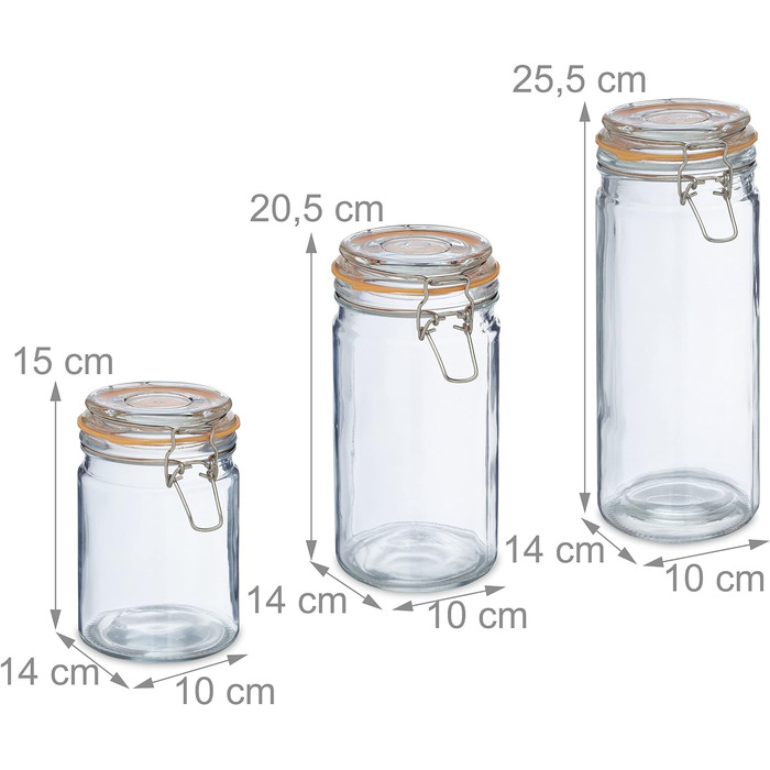 Relaxdays Vorratsgläser, 3er Set, 600-1200 ml, Bügelverschluss, transparent