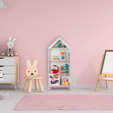 Relaxdays Kinderregal, Heldinnenmotiv, 4 Fächer für Spielzeug, HBT: 93x63x28 cm, Kinderzimmerregal mit Türen, weiß/rosa