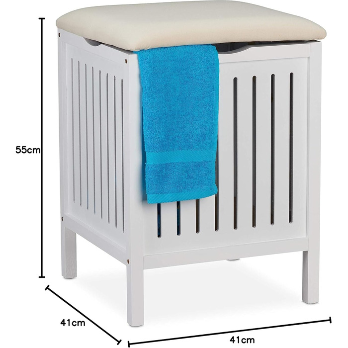 Relaxdays Wäschekorb mit Sitz, Landhausstil, 40 l, Holz & Stoff, Badhocker, 55x41x41 cm, weiß