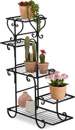 Relaxdays Blumenregal Metall, Vintage, 75x56x23 cm, 5 Ablagen, schwarz, Eisen