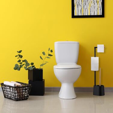 Relaxdays WC Garnitur, Bambus, Edelstahl, freistehender Klopapierhalter, Toilettenbürste, schwarz