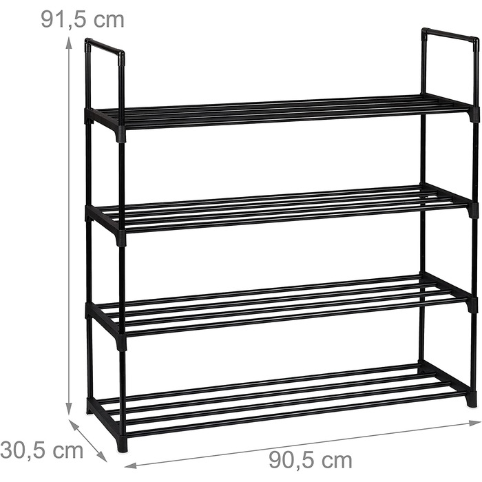 Relaxdays Schuhregal Stecksystem,  für 12 Paar Schuhe, HBT: 67 x 90,5 x 30,5 cm, Schuhständer Metall, schwarz 10036199_348 (4 Ebenen)