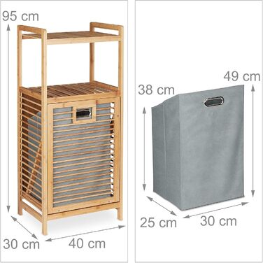 Relaxdays Badregal mit Wäschekorb, 2 Ablagen, kippbarer Sammler, Bambus & Stoff, 95x40x30 cm, Natur/grau