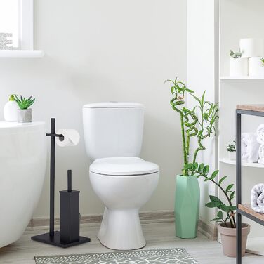 Relaxdays WC Garnitur, stehender Toilettenpapierhalter, Stahl, Klobürste mit Bürstenhalter, 3 Wechselköpfe, schwarz, 10038713, 1 Stück