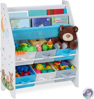 Relaxdays Kinderregal, Tiere Motiv, 6 Boxen, 2 Fächer, Kinderzimmer, Spielzeug Aufbewahrung HBT 74 x 62 x 31,5 cm, bunt, Holzwerkstoff, Lagerfeuer, 1 Stück