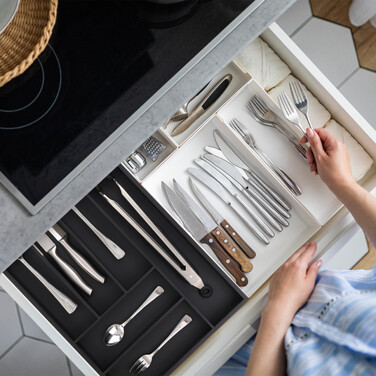 Relaxdays Schwarzer Besteckkasten 6 Fächer