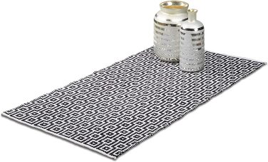Relaxdays Teppich Läufer Flur  Handmade, Designer Baumwollteppich modern, Kurzflor Flurteppich, (70 cm x 140 cm, Schwarz-weiß)