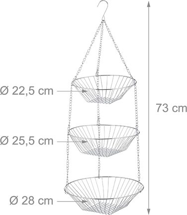 Relaxdays Hängekorb 3 Etagen, Obstkörbe, 3er Etagere für Decke, platzsparend in Küche, Stahl, silber, 73x28x28cm