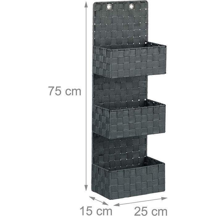 Relaxdays Hängeorganizer Stoff, Türorganizer mit 3 Aufbewahrungskörben, Wandorganizer Bad, PP, HBT: 75x25x15cm, (15 x 25 x 75 cm, Grau)