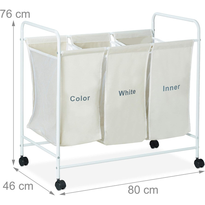 Relaxdays Wäschesortierer, 3 beschriftete Fächer, Rollen zum Feststellen, Volumen 100 Liter, HxBxT 76 x 80 x 46cm, beige, 1 Stück