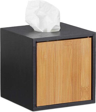 Relaxdays Kosmetiktücherbox, Bambus, 14,5x14,5x14,5cm, schwarz