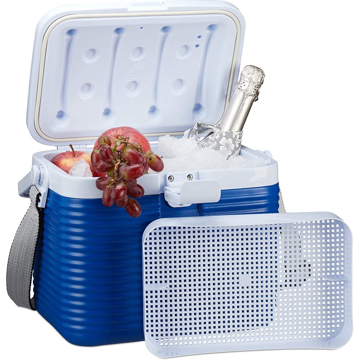 Relaxdays kleine Kühlbox, mit Griff, Tragegurt, Kunststoff Kühltasche, ohne Strom, 8 l, HBT 23,5 x 31 x 21 cm, weiß-blau