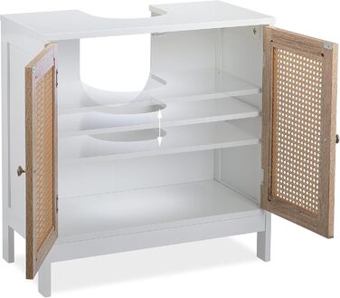 Relaxdays Waschbeckenunterschrank, 60 cm, 2 Fächer, Siphon-Aussparung, Rattan-Türen, weiß/Natur